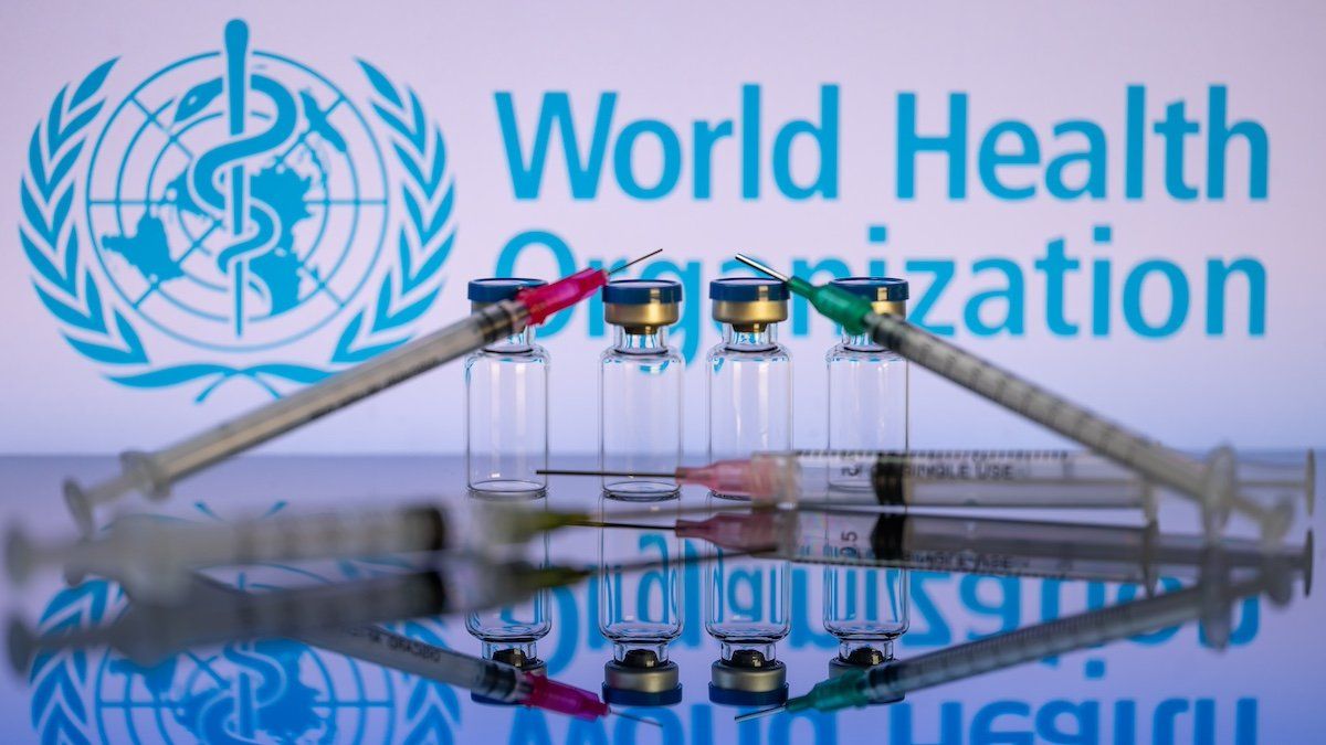 World Health Organization (WHO) displayed on screen with pharmacy medical syringe and vaccine vial. Seen in this photo illustration, in Brussels, Belgium, on September 24, 2023.