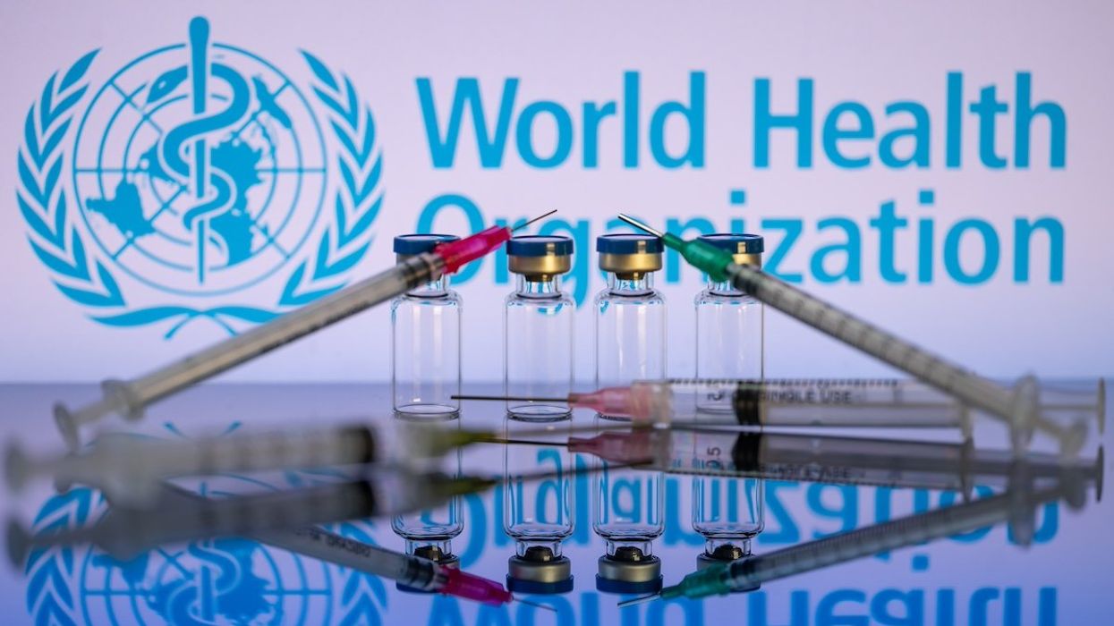 World Health Organization (WHO) displayed on screen with pharmacy medical syringe and vaccine vial. Seen in this photo illustration, in Brussels, Belgium, on September 24, 2023.