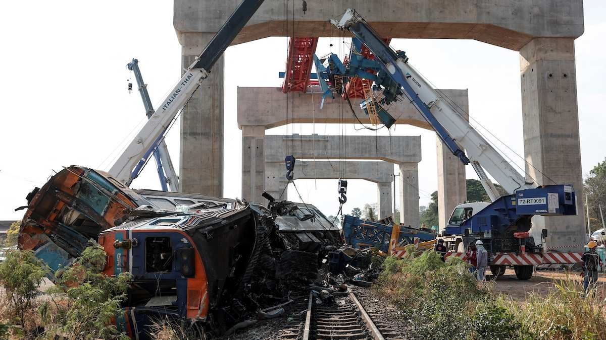 ​Wreckage at the site where a train was derailed when a construction crane fell onto its carriages in Sikhio district, Nakhon Ratchasima province, Thailand, on January 14, 2026.