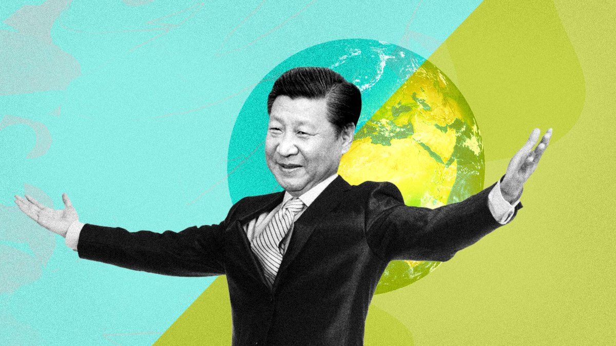 Xi Jinping opens his arms on a background of a globe tinted with yellow and turquoise colors