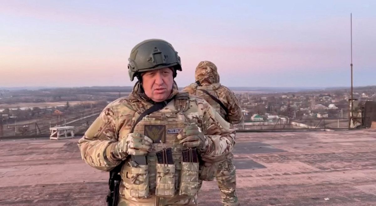 Yevgeny Prigozhin, the founder of Russia's Wagner mercenary force, speaks in Paraskoviivka, Ukraine, in this still image from an undated video released on March 3. 