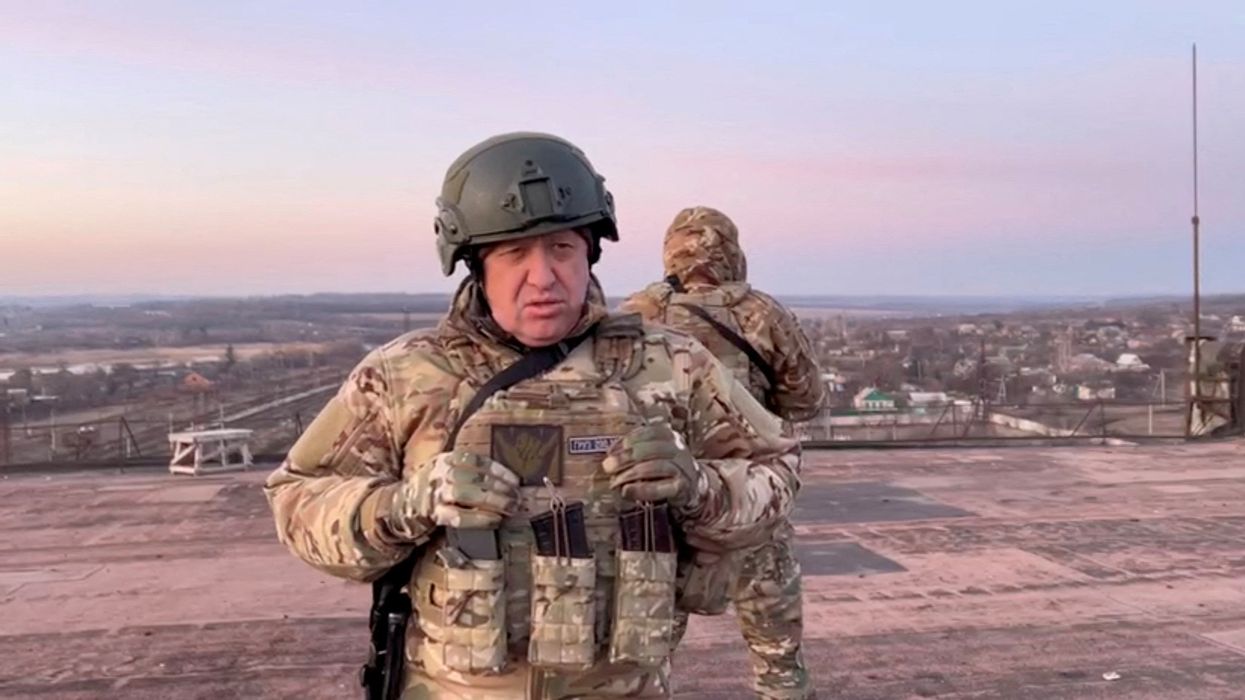 Yevgeny Prigozhin, the founder of Russia's Wagner mercenary force, speaks in Paraskoviivka, Ukraine, in this still image from an undated video released on March 3.
