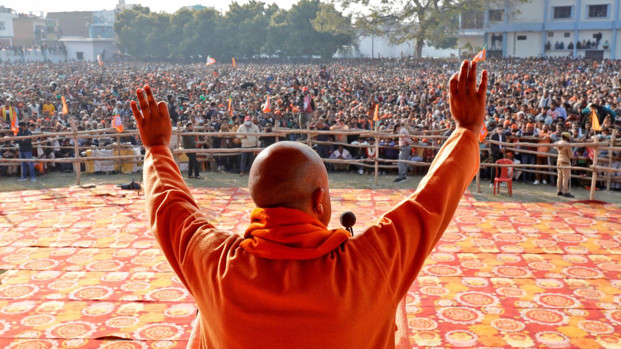 Yogi Adityanath, Chief Minister of the northern state of Uttar Pradesh, addresses his party supporters during an election campaign rally in Sambhal district of the northern state, India, February 10, 2022.