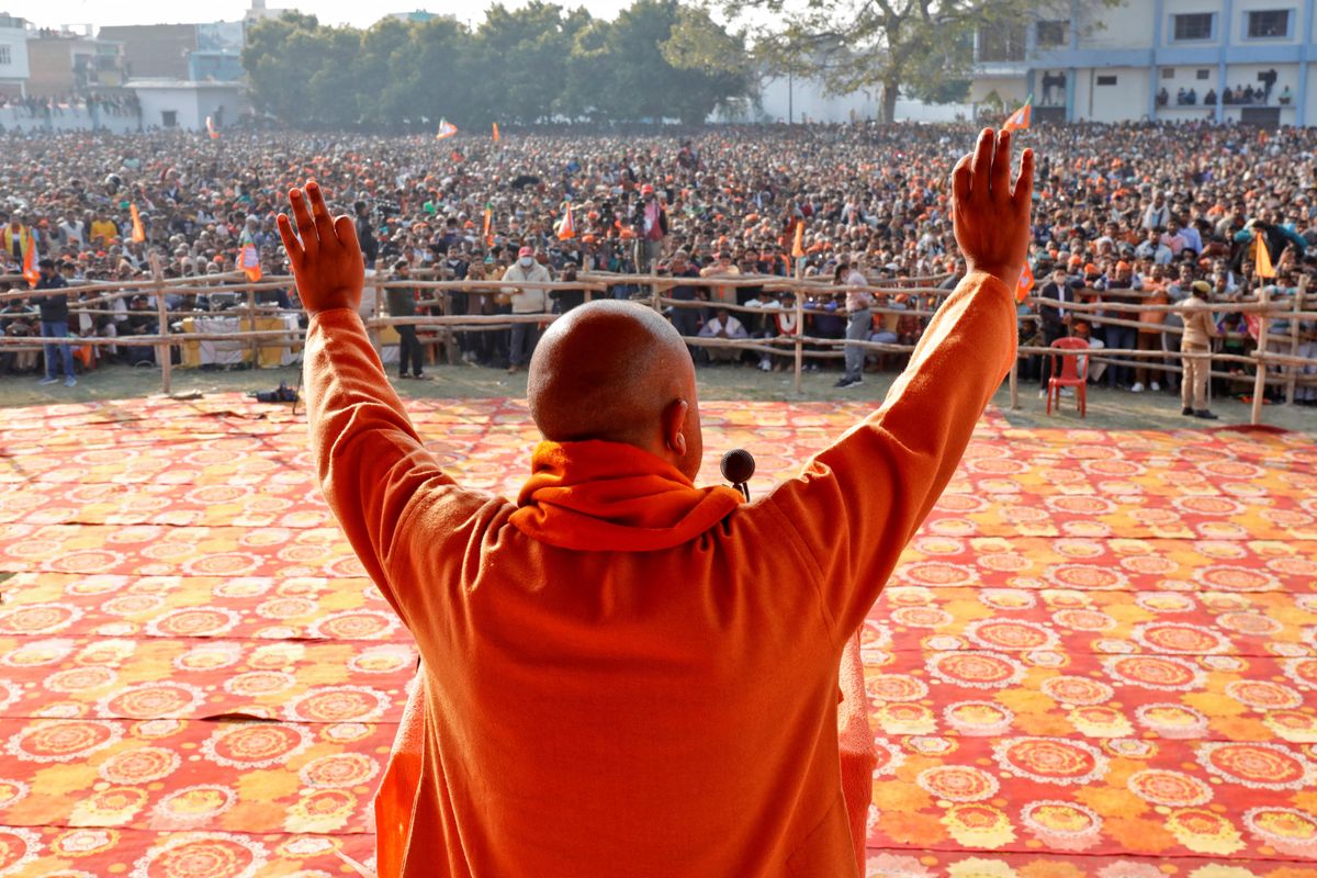Yogi Adityanath, Chief Minister of the northern state of Uttar Pradesh, addresses his party supporters during an election campaign rally in Sambhal district of the northern state, India, February 10, 2022.