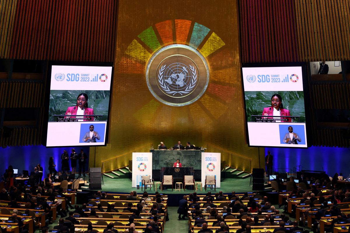 Youth representative Ayakha Melithafa, speaks during the opening of the Sustainable Development Goals (SDG) Summit 2023, at U.N. headquarters in New York City.