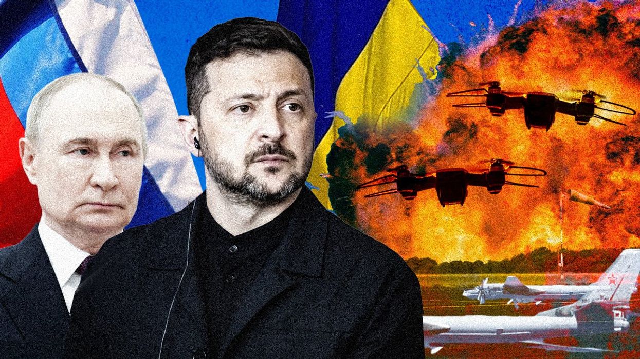 Zelensky and Putin in front of flags and war.