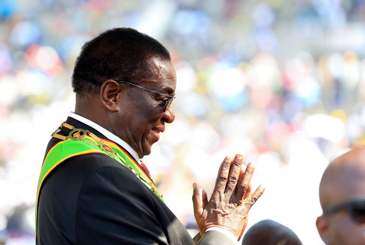 Zimbabwe President Emmerson Mnangagwa reacts after his inauguration at the National Sports Stadium in Harare, Zimbabwe