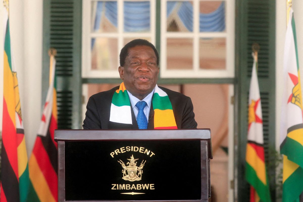 ​Zimbabwe's President Emmerson Mnangagwa speaks to the media in Harare, on Aug. 27, 2023. 
