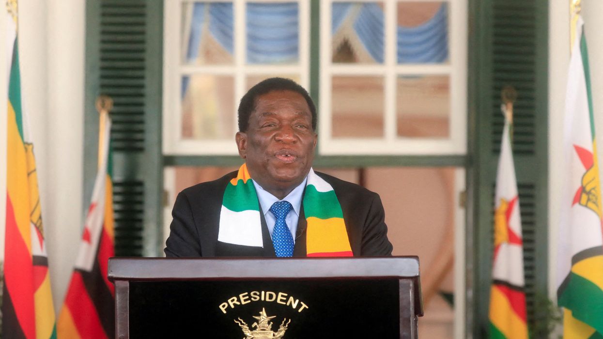 Zimbabwe's President Emmerson Mnangagwa speaks to the media in Harare, on Aug. 27, 2023.