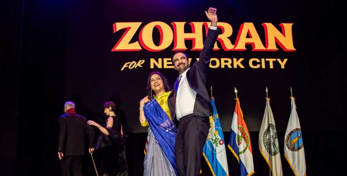 ​ZOHRAN MAMDANI, Rama Duwaji, MIRA NAIR, MAMOOD MAMDANI during an election night event at The Brooklyn Paramount Theater in the Brooklyn borough of New York, US, on Tuesday, Nov. 4, 2025. 