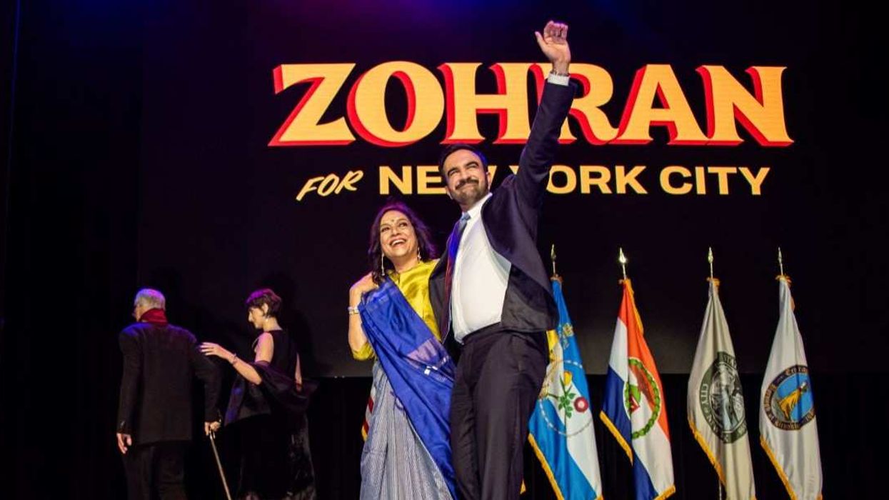ZOHRAN MAMDANI, Rama Duwaji, MIRA NAIR, MAMOOD MAMDANI during an election night event at The Brooklyn Paramount Theater in the Brooklyn borough of New York, US, on Tuesday, Nov. 4, 2025.